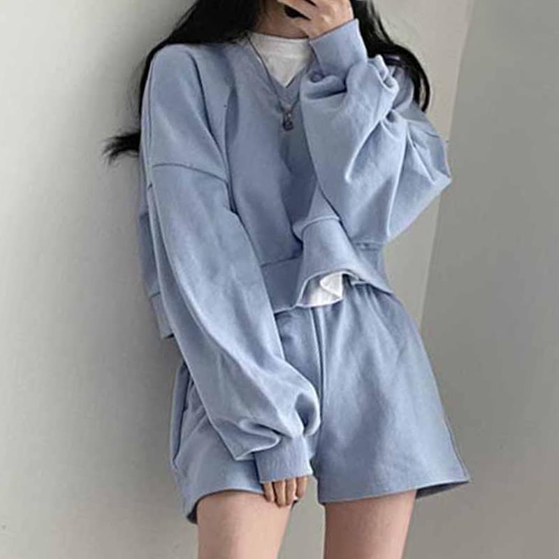 

Весенний ленивый стиль V-образный вырез свободный длинный рукав свитер свитер с высокой талией широкие шорты спортивный костюм для женщин One size