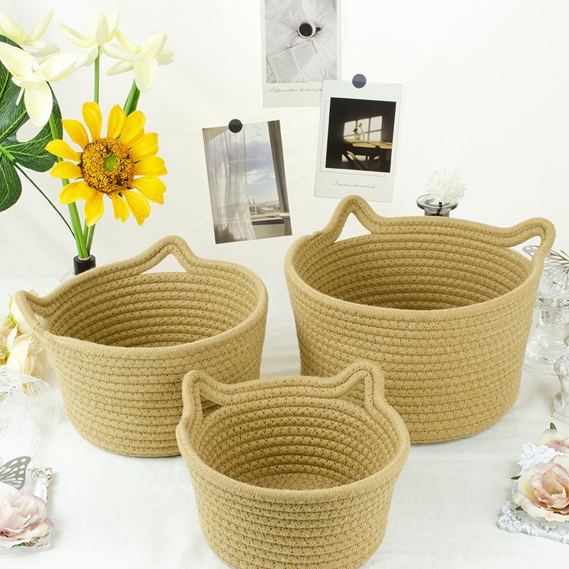 Cat Ears Desktop Storage Basket Handwoven Cartoon Storage Basket Living Room Key Cotton Rope Storage Basket Storage Basket