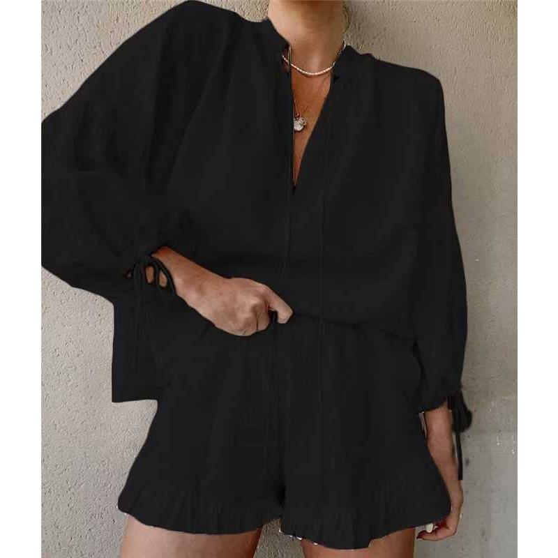 Kadın Yaz Seksi Bağcıklı Yüksek Bel Moda Düz Renk Bol V Yaka Fener Kol Şort İki Parça Takım