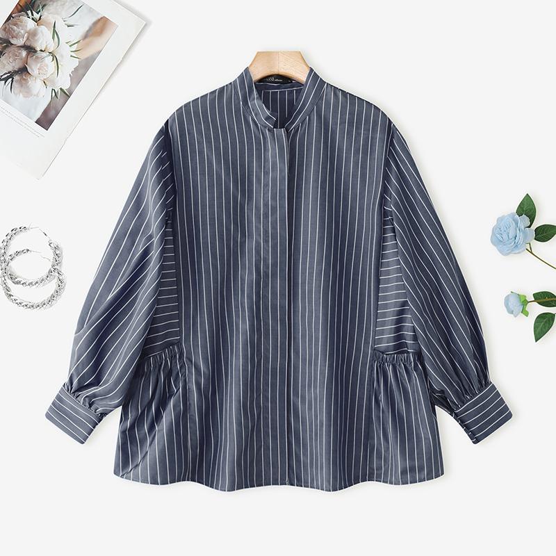 ZANZEA Women Casual Stand Collar Loose Long Sleeve Stripe Blouse