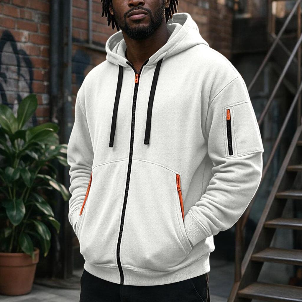 Men's Zip-Up Hooded Jacket with Multiple Pockets Athletic Casual Top for Daily Wear