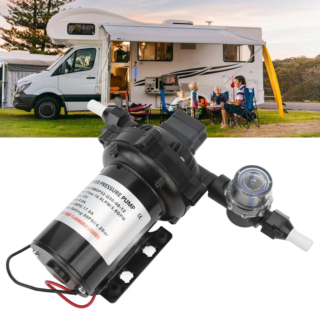 Self Priming DC Diaphragm Pump 12V 18.9LPM 5.0GPM Rated Flow with 15A Fuse Auto Cut Off for RV Boat