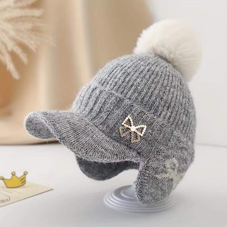 

1Piece of Winter Hat, Thickened And Warm, Featuring a Duckbill Design, a Bow And a Pom-Pom. Stylish for Autumn for Kids Aged 4-8 сірий