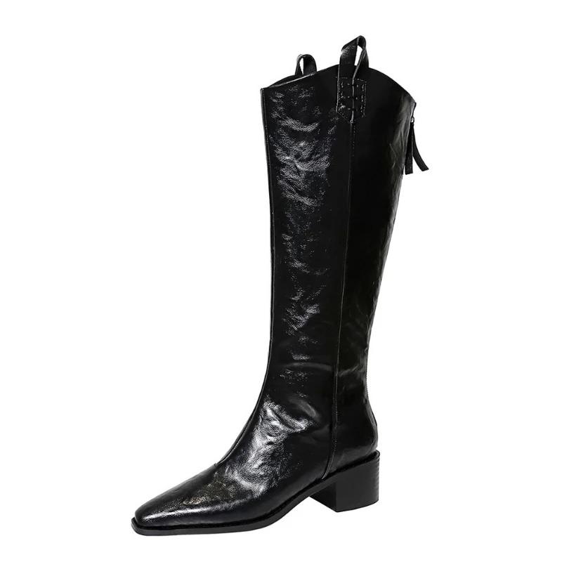 Retro Hand-Grabbing European American Style Boots Women's Thick Heel Mid-Heel Pointed Toe Knight Boots High Shoes