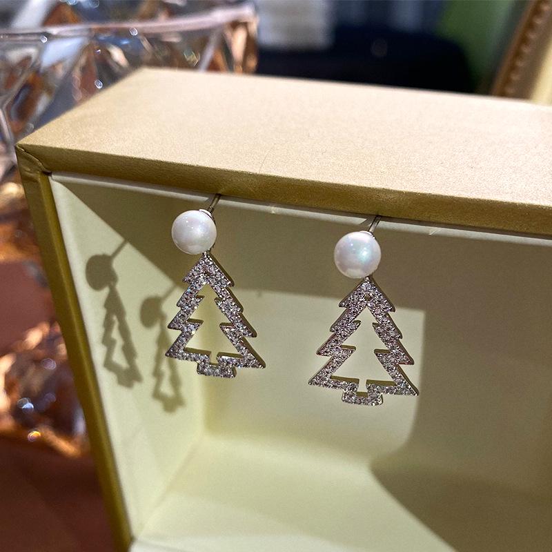 Korean Style Christmas Tree Earrings for Women - New Year Theme, High-End Niche Silver Studs