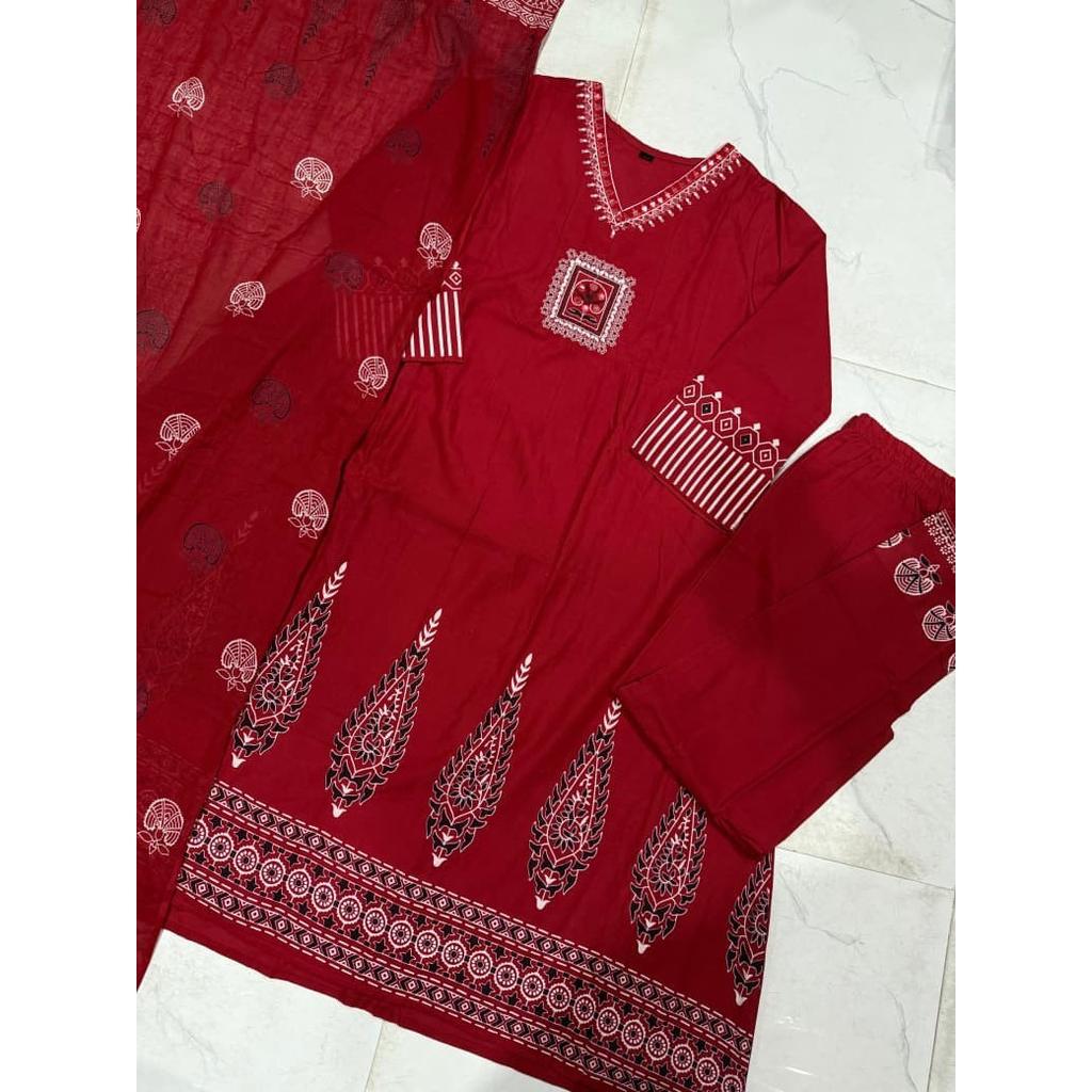 Red Cotton Embroidery Ethnic Kurta Set Indian Women Top Kurti Pant Dupatta Set
