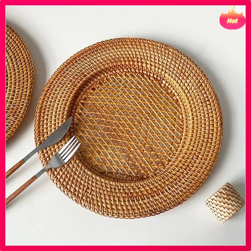 13 Inch Handmade Rattan Plate Decorative Round Placemat Bread Snack Serving Tray Table Decor Natural