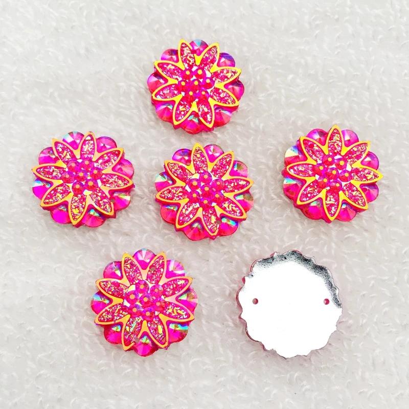 20pcs 18mm Round Flower AB Resin Crystal Strass Applique and  2 Holes Buttons for Diy Clothing - HA27