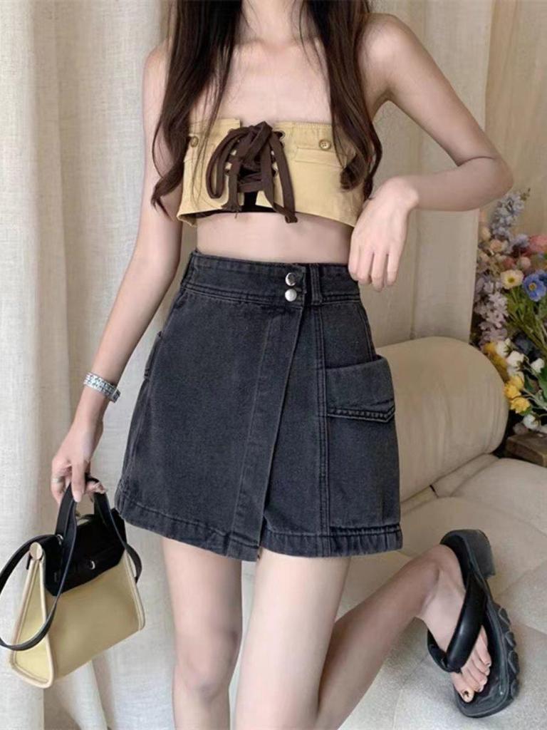 Mini džínsy s vysokým pásom pre ženy: Letné zoštíhľujúce A-líniové širokonohé sukňové nohavice plus size
