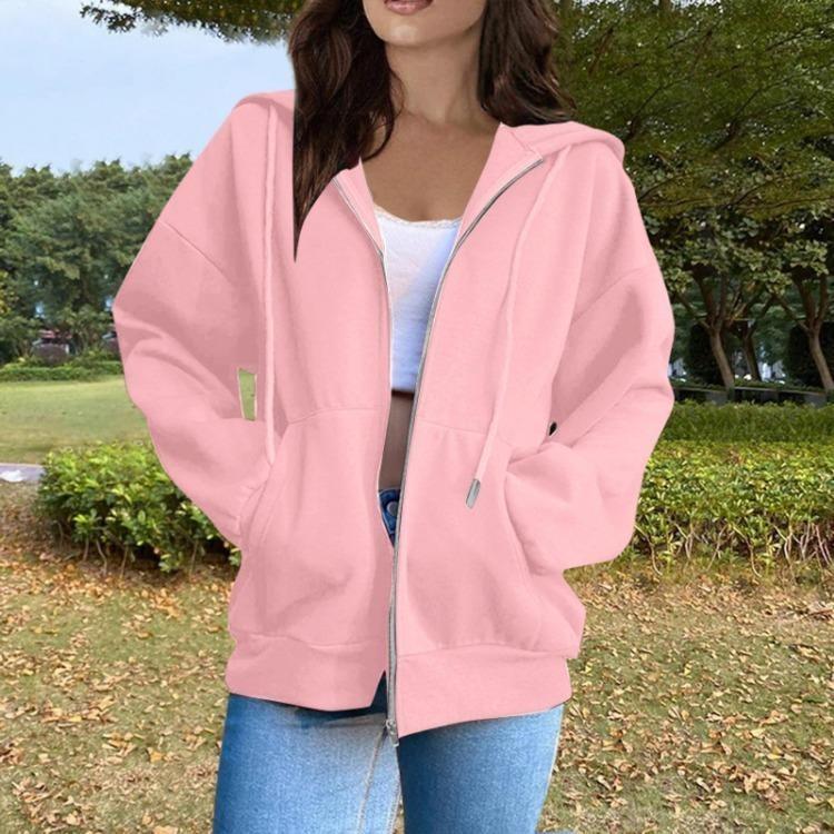 Women Fashion Casual Hooded Long Sleeve Solid Color Zippered Sweatshirt