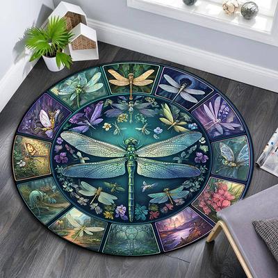 Dragonfly Round Area Rug,Carpet Rug for Living Room Bedroom Sofa Playroom Decor,Non-slip Floor Mat