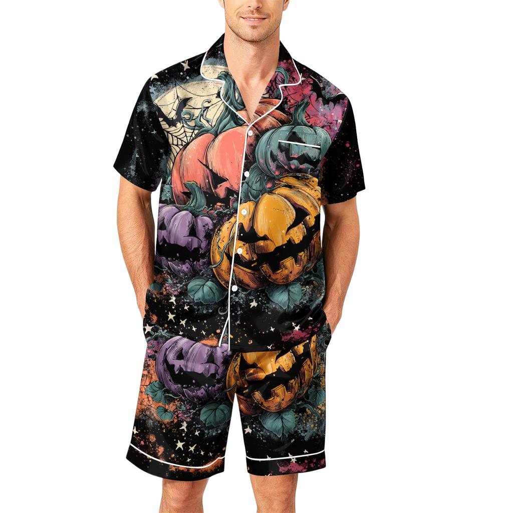 Men's Short Sleeve Pajama Set Button Down Shirt with Curved Hem and Matching Shorts Soft Casual Lounge Sleepwear S To XXXXL