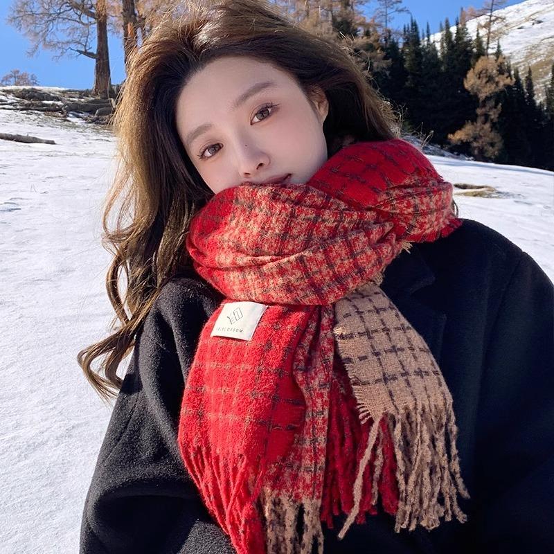 Premium Sense Red Plaid Scarf Women's Winter Versatile New Christmas Birthday Gift Student Shawl Multi-purpose