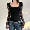 2026 Summer New American-Style Personality Spicy Girl Sexy Long-Sleeve T-Shirt with Lace Splicing and Hollow-Out Black Square-Neck Top