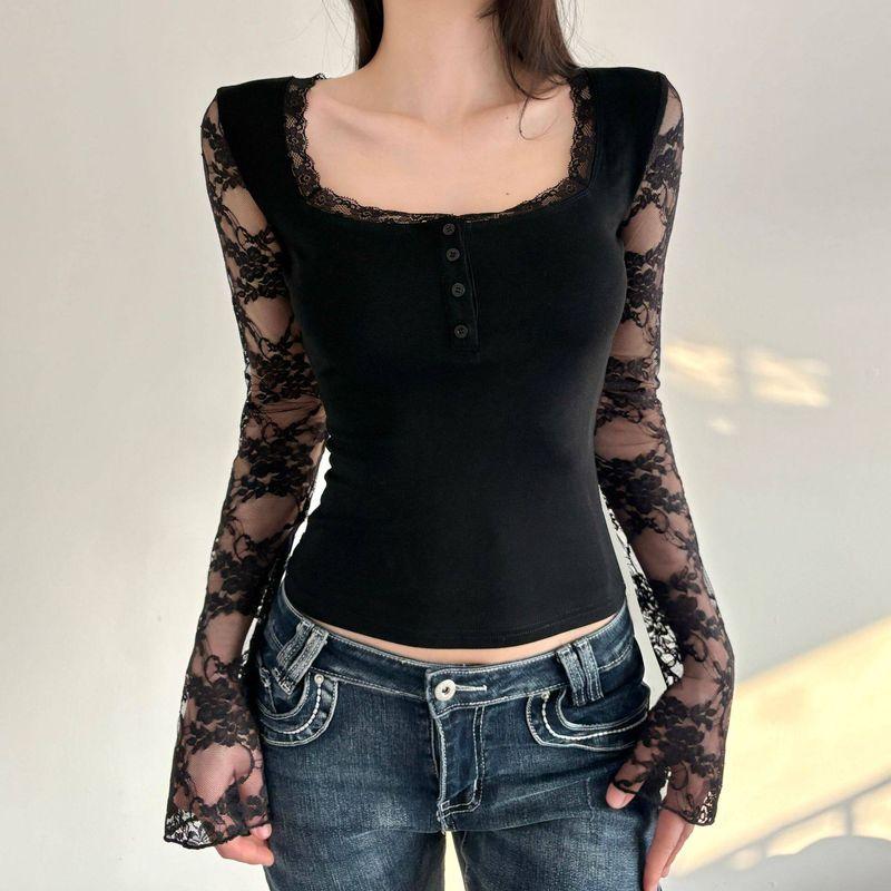 2026 Summer New American-Style Personality Spicy Girl Sexy Long-Sleeve T-Shirt with Lace Splicing and Hollow-Out Black Square-Neck Top