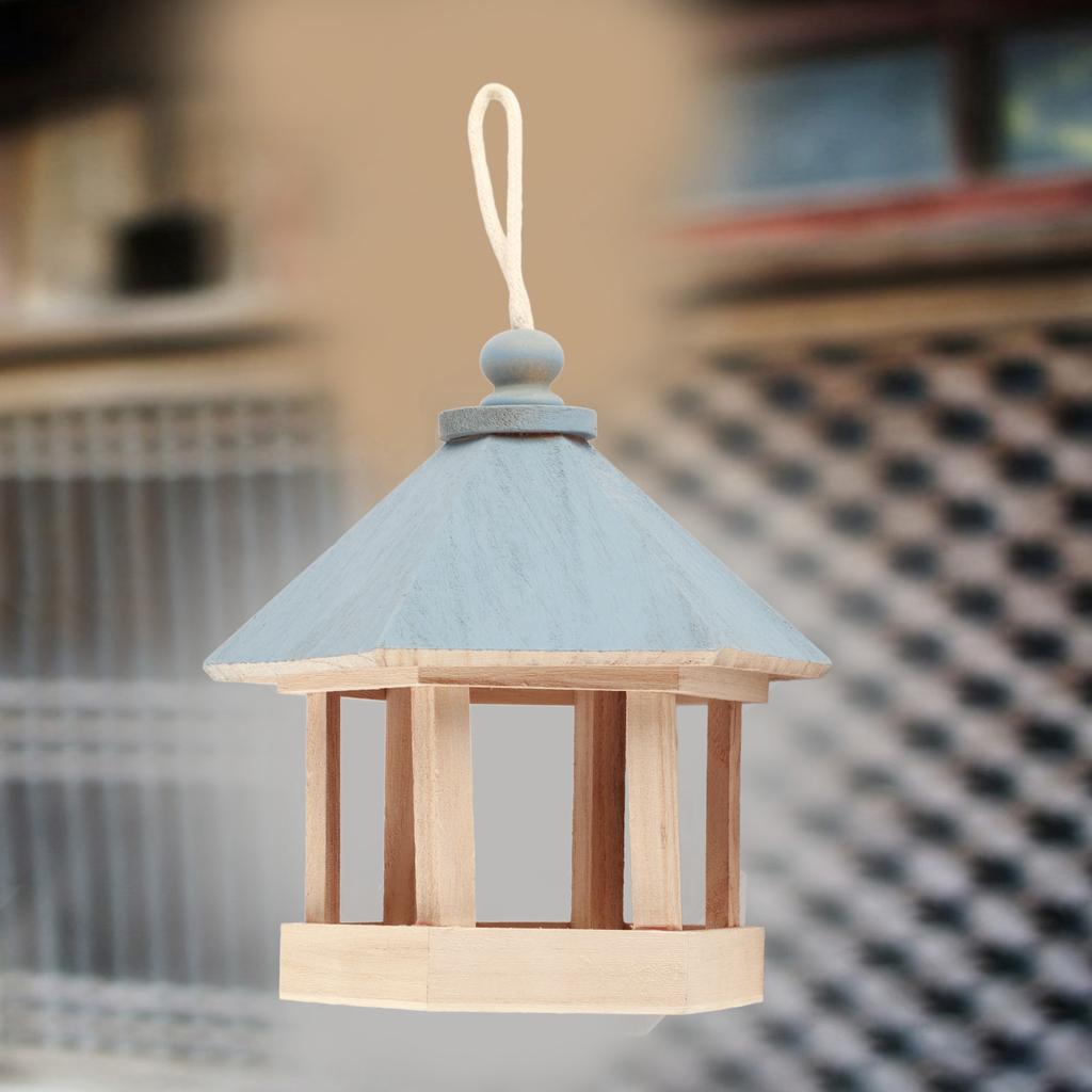 Outdoor Wooden Birds House Shaped Feeder Food Container with Hang Rope for Garden Park