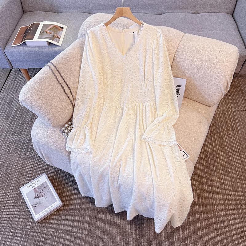 Big Size Women's Fall and Winter Padded and Thick Lace Dress - Stunning Inner-layer Long Dress