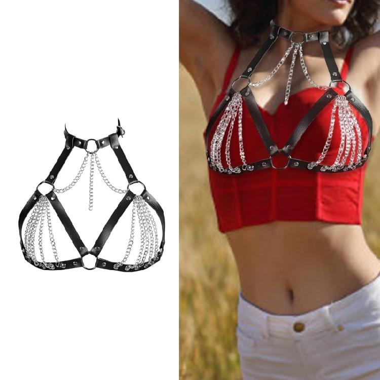 PU Leather Chest Harness with Eye Catching Chain Gothic Body Bra Harness for Parties and Unique Fashion Statements