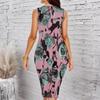 Women Plus Size Sleeveless Round Neck Midi Bodycon Dress Elegant Hanging Floral Print Blue Slim Fit Dress
