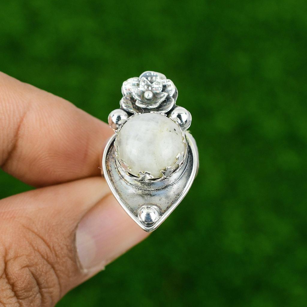 Gift For Her Natural Rainbow Moonstone Promise Flower Adjustable Ring 925 Silver