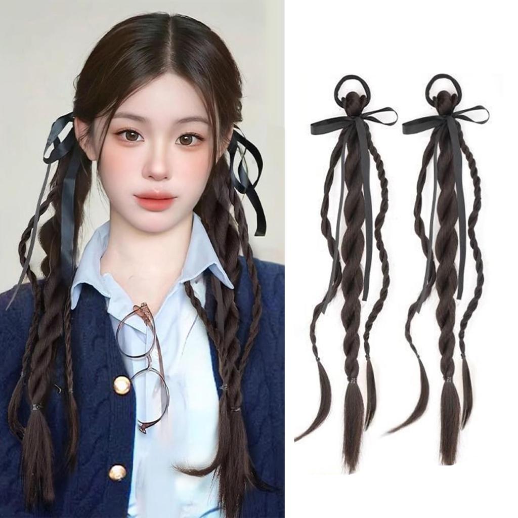 Natunofu Hair Extensions with Braided Baby Hair Ponytail Twin Set of 2 with Hair Hair Extensions for Adults and Fashion Accessory Elastic, Wig,