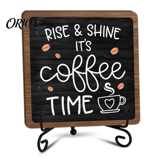 Kitchen Countertop Ornament Coffee Themed Wooden Tabletop Sign, Rustic Bar Plaque with Iron Small Decorative Stand, Farmhouse Home Dining Room