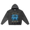 DTG Print Knitted Denim Zip-Up Hoodie Cursed Brother Print Zipper Hoodies  