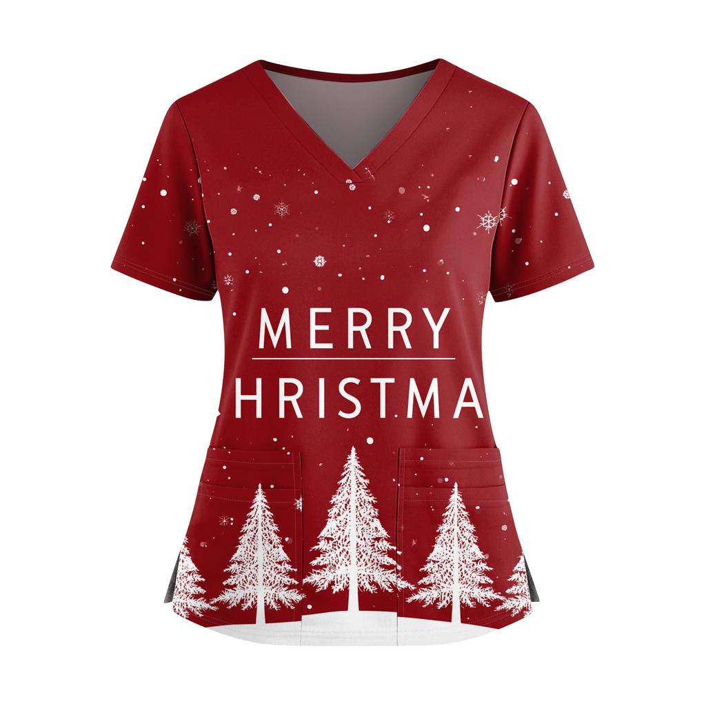 Dámský vánoční potištěný top s výstřihem do V, dvěma kapsami, krátkým rukávem, rozparkem na lemu, uniforma pro pečovatelky