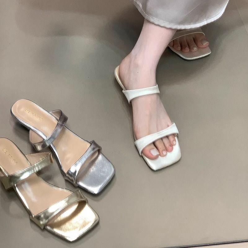 French temperament satin square toe sandals summer 2025 new one-word with casual slope heel cool slippers women