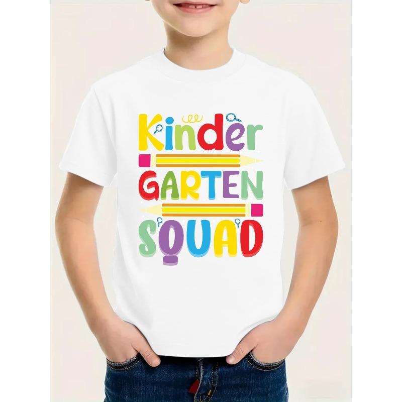 European Size Boys Round-neck Short-sleeved T-shirt with Unique English Patterns KINDER GARTEN SOUAD