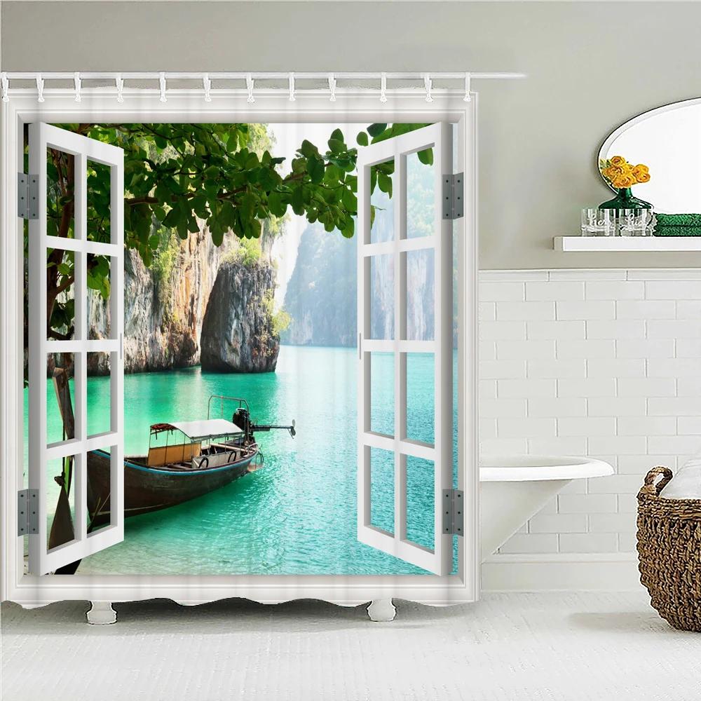 Sunlight Ocean Scenery Shower Curtains Decoration Waterproof Fabric Sunset Dusk Sea Dolphin Cowboy Bath Curtain Bathroom Screen