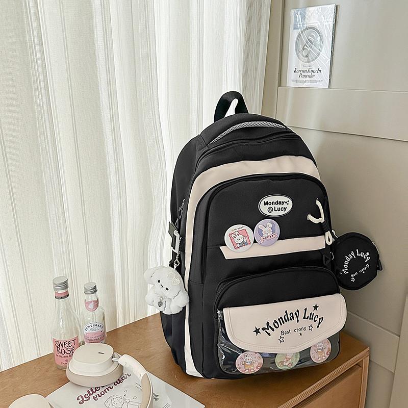Color Simple Blocked Letter Pattern Student Backpack With Badge Pendant And