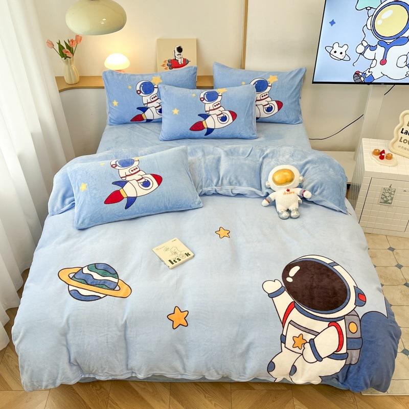 Thickened Milk Fleece Four-Piece Set, Fleece Astronaut Flange Coral Fleece Children'S Bed Sheet Quilt Cover Three-Piece Set Men
