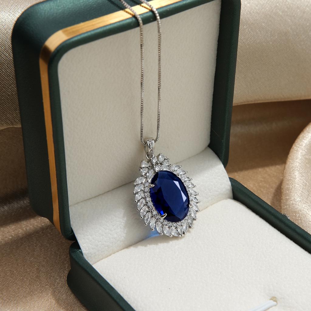 925 Sterling Silver Vintage Full Diamond Blue Zircon Necklace Birthday Party Anniversary Wedding Gift