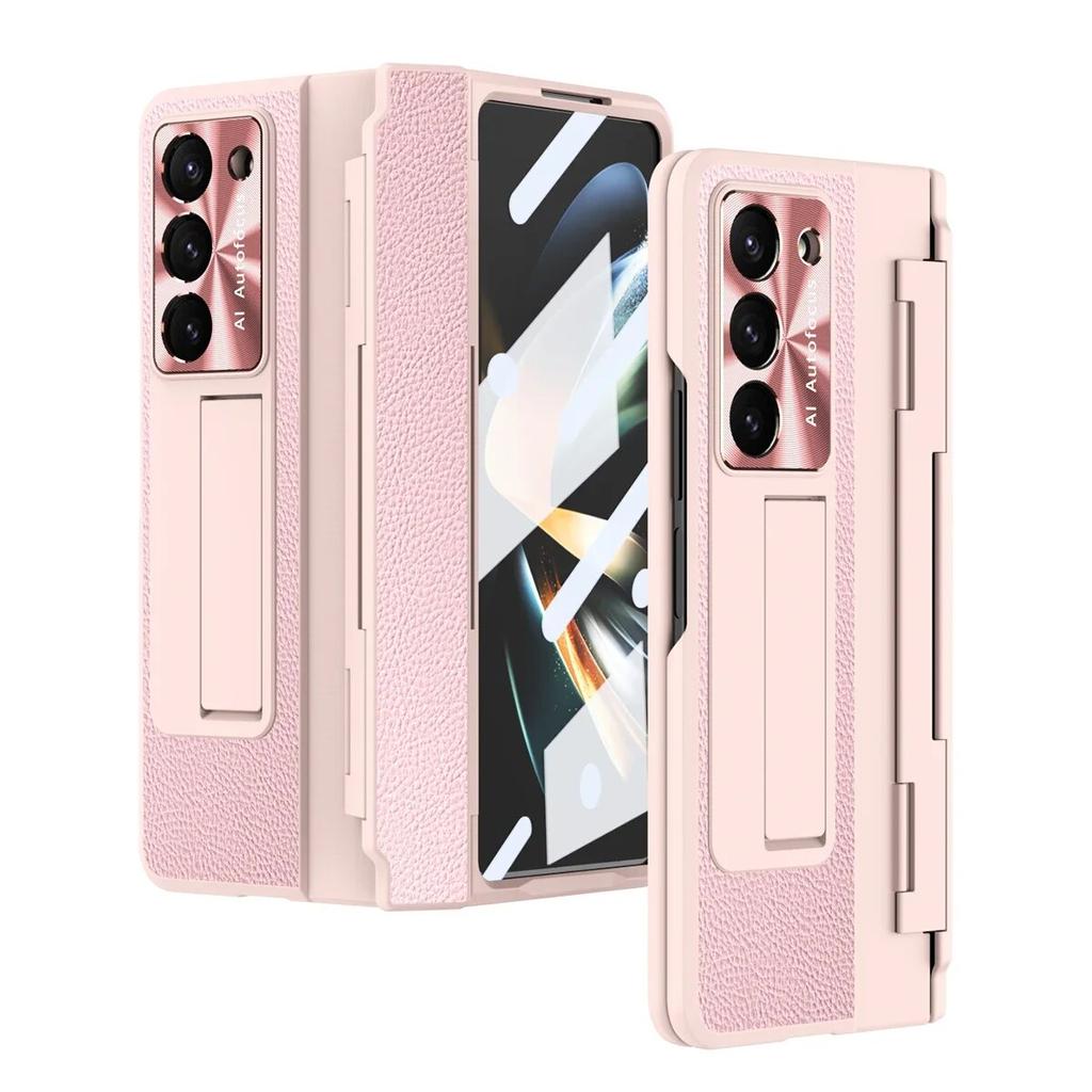 Suport din piele placat Husă de protecție cu balama plată pentru Samsung Galaxy Z Fold 5 4 3 cu folie de sticlă frontală Fold5 Husă de protecție