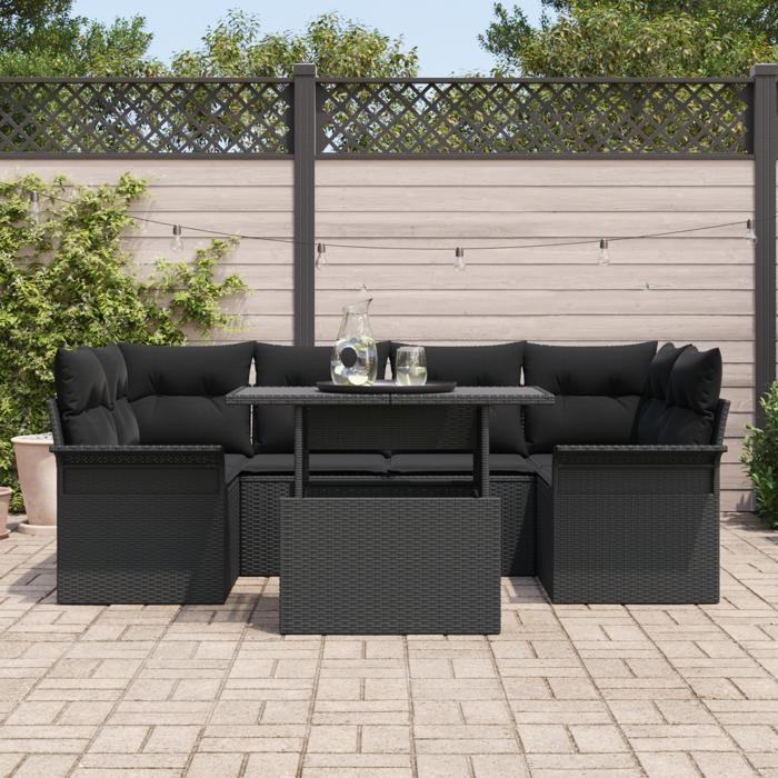 VidaXL Set de canapé de jardin 7 pièces avec coussins noir poly rattan 3348219