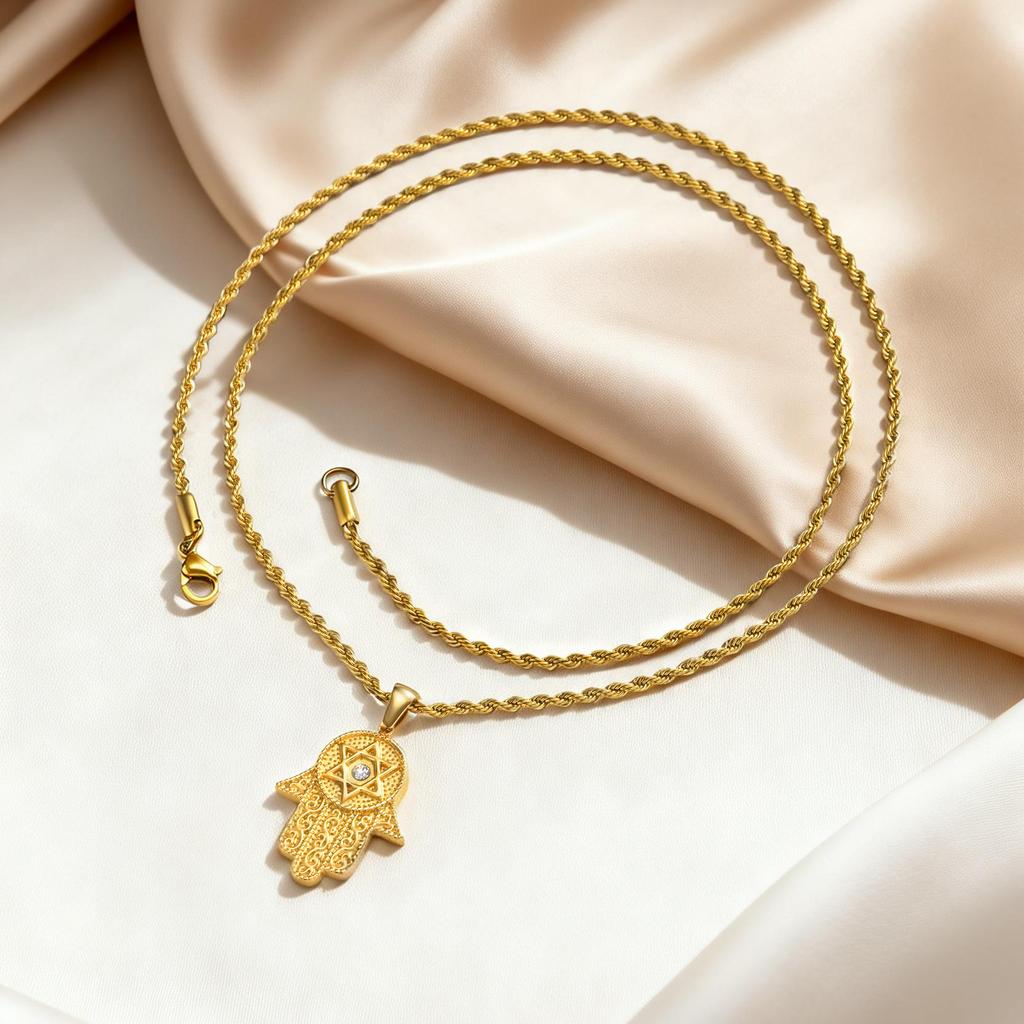 Fatima Hand Stainless Steel Pendant Necklace With Zircon, Vintage Premium Ladies Jewelry 2337