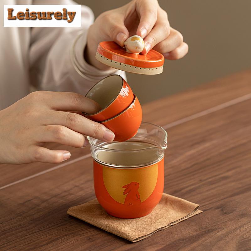 Creative Rabbit Flying Moon Tea Set Kit Japanese 1 Pot 3 Cups Glass Tea Maker Picnic Portable Travel Bags Tea Set Designer Gifts