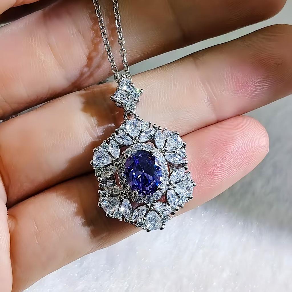 Exaggerated Heavy Industry Brilliant Pink Purple Diamond Pendant Necklace Colored Treasure Elegant High-end Sense Full of Diamond Light Luxury Chain