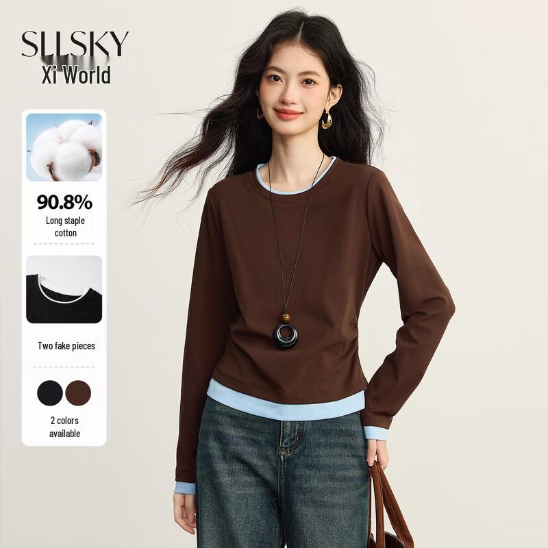 SLLSKY Women s Color-Block Fake Two-Piece T-Shirt S темный кофе
