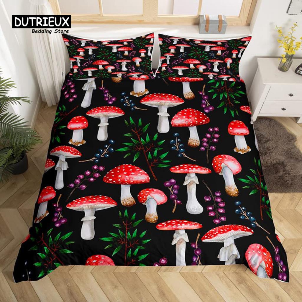 Cartoon Mushrooms Duvet Cover Kawaii Fungus Bedding Set Wild Mushroom Stuff Comforter Cover Twin King for Boys Girls Room Decor
