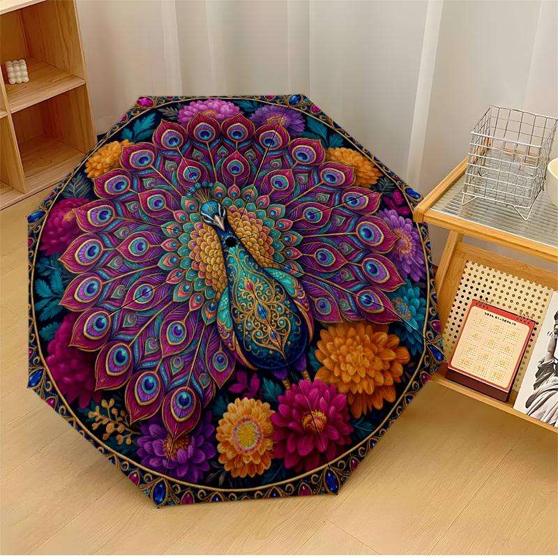 

Vibrant Peacock Mandala (2) Printed umbrella windproof folding umbrella portable sun and rain umbrella suitable for gifting