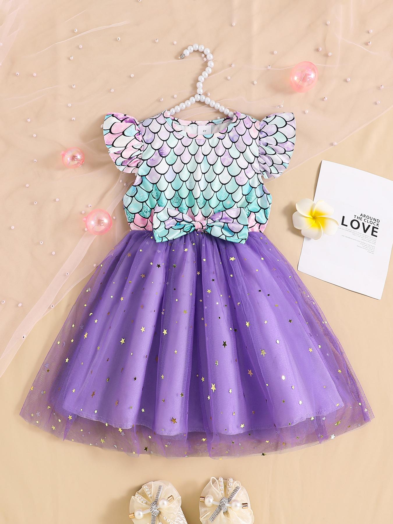 Girls Mermaid Scale Tulle Dress Kids Ruffle Sleeve Star Tutu Dress 4Y сине-фиолетовый