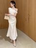 Spice Girl Temperament Slim and Thin French Sleeveless Slanted Shoulder White Dress Women's Summer Hip Wrap Fishtail Dress