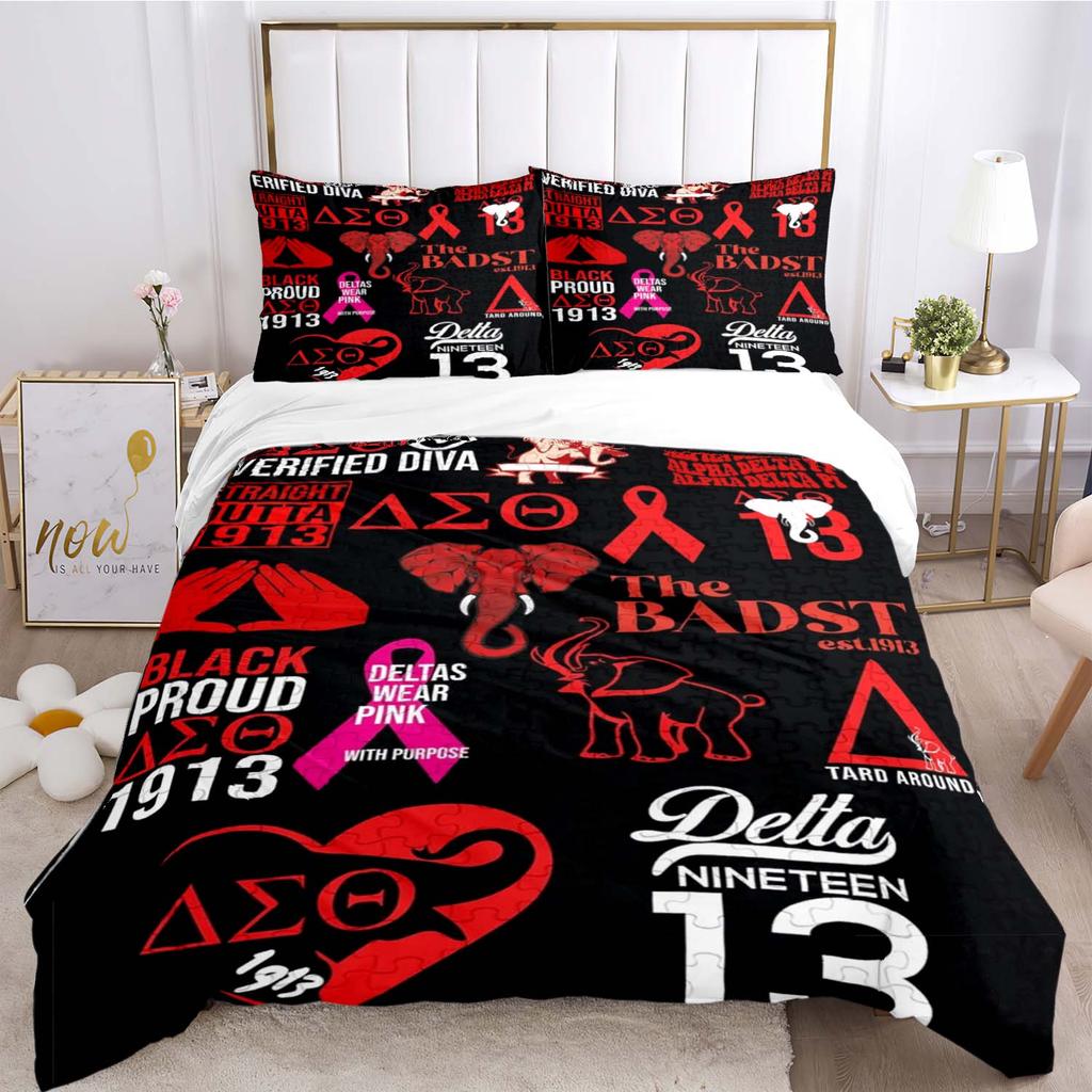 Red and White Greek Letter Print Bedding Set, Sorority Inspired Bed Linen Duvet Cover Set(1 * duvet cover + 2 * pillowcase, without core)