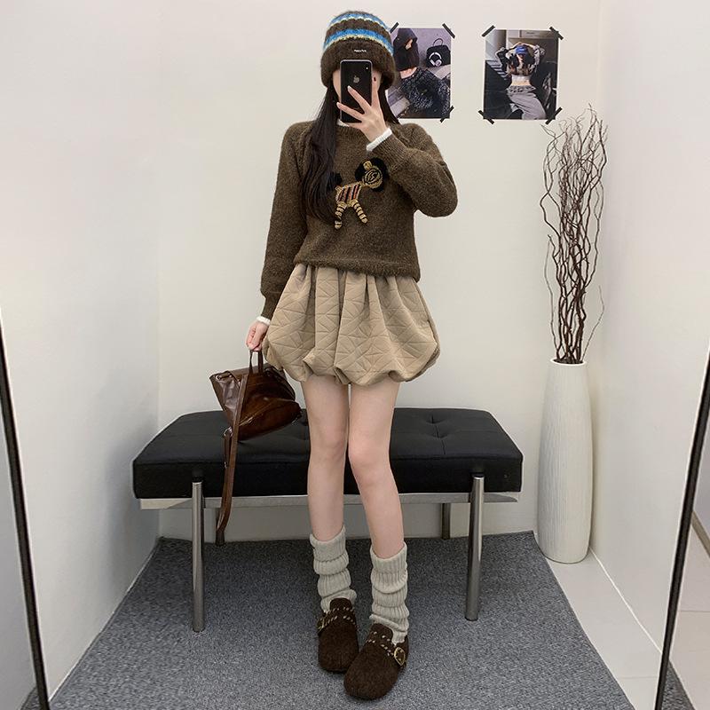 

Women s Elastic High Waist Plaid A-line Lantern Skirt-Pants: Autumn/Winter Slimming Short Large