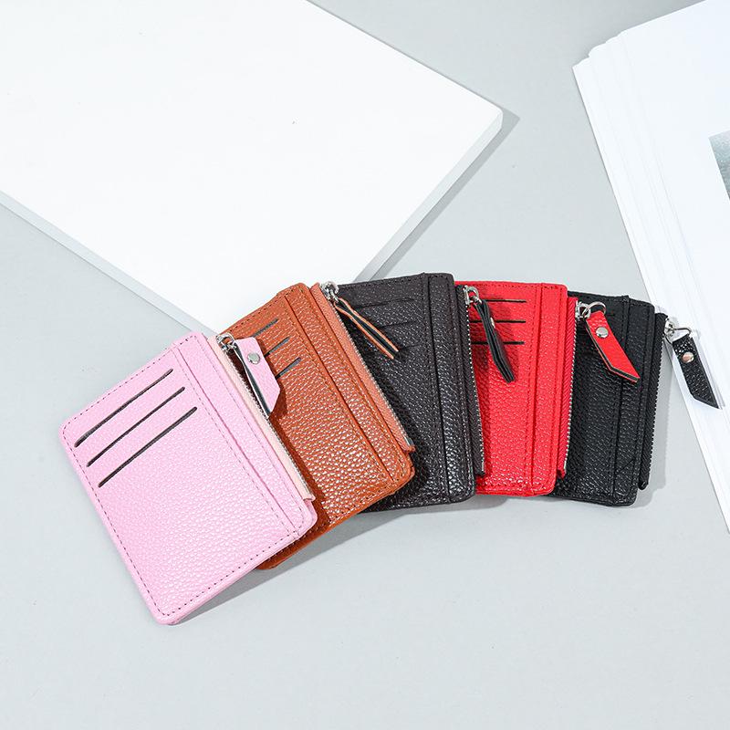 Zipper Women's Card Holder - Compact Multi-Card Slot Lychee Pattern Coin Purse, Ultra-Thin Wallet Korean Style.