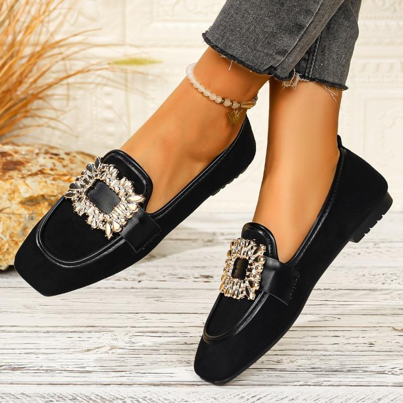 Damen Flats mit Leopardenmuster in weiter Weite - Slip-On Schuhe mit eckiger Spitze und Kristallverzierung, Atmungsaktive Freizeitschuhe für den Herbst