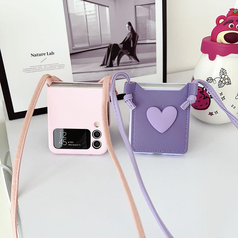 Crossbody Lanyard Necklace Strap 3D Love Case for Samsung Galaxy Z Flip 5 4 3 Flip5 Flip4 Flip3 5G Card Holder Leather Cover