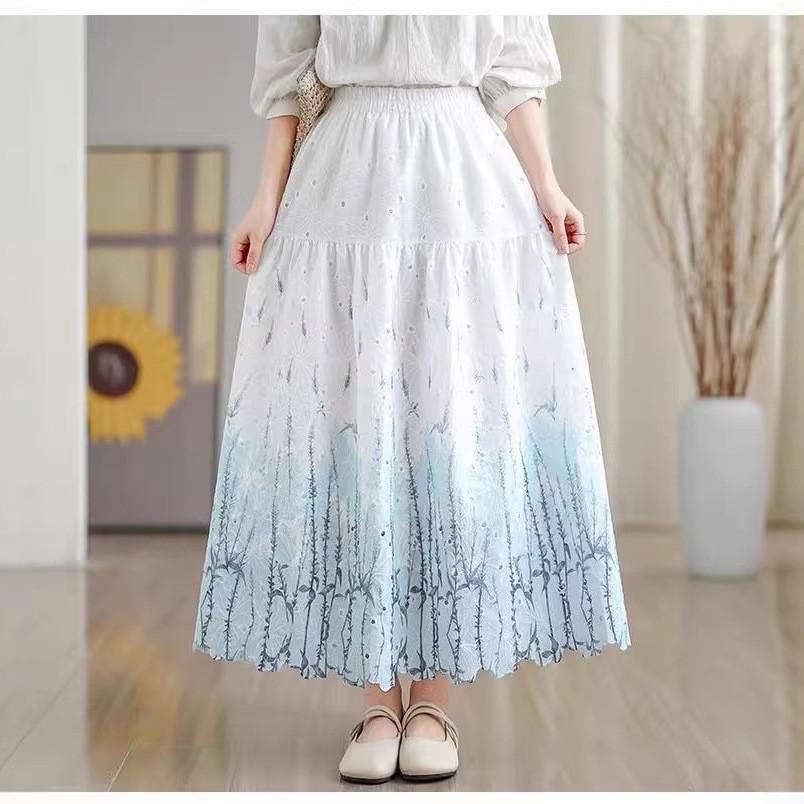 Qooth Embroidered A-Line Maxi Skirt French Romantic Floral Print QT2852